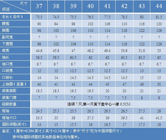 男士衬衫尺码对照表
